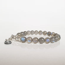 Load image into Gallery viewer, A silver bracelet featuring natural Labradorite beads with a medallion, displayed against a white background.